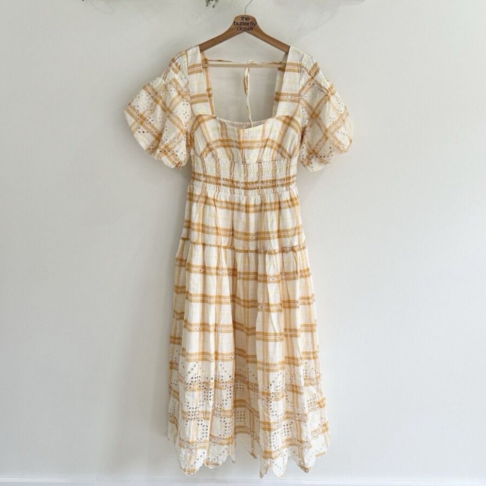 New Anthropologie Puff Sleeve Eyelet Midi Dress Small Maxi Boho AT